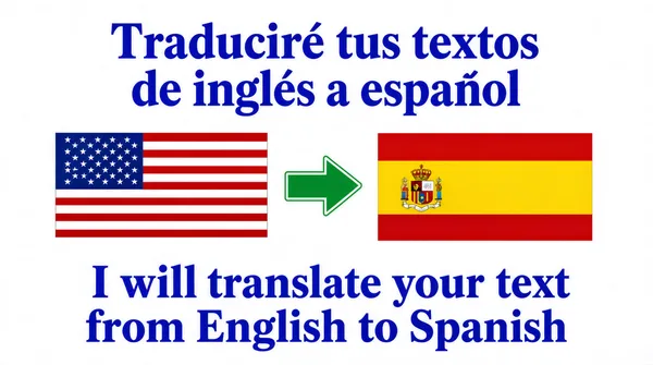 [Format]
Landscape 16:9 gig cover, simple flat educational graphic with bold primary colours on a white ground. No watermark, no personal names.

[Layout]
A symmetrical three-row layout on a plain white background. A Spanish headline sits in the top third, two rectangular flags with a directional arrow occupy the middle third, and an English headline fills the bottom third. All elements are centred horizontally.

[Subject]
None — typographic only.

[Headline]
Top line, in bright blue serif title case, reads "Traduciré tus textos" with "de inglés a español" directly beneath it in the same blue serif face. Bottom line, in the same bright blue serif, reads "I will translate your text" with "from English to Spanish" beneath it.

[Badges]
A rectangular United States flag is placed on the left, a green right-pointing arrow with a light outline sits in the centre, and a rectangular Spanish flag is placed on the right.

[Mood]
A clean white field with saturated blue type and primary flag colours feels approachable and instructional; the centred symmetry and large type make the service instantly readable as a thumbnail.