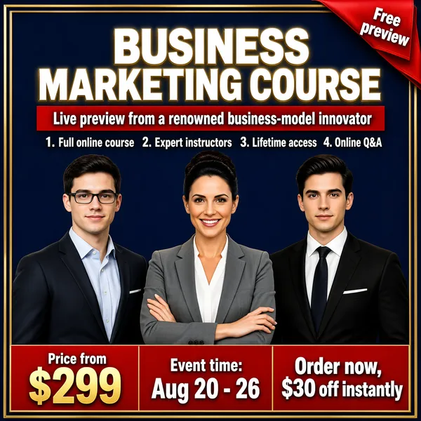 [Format]
Professional e-commerce product main image, square 1:1, premium navy-and-gold business-course advertising style with a formal red price strip.

[Colors]
Deep navy-blue ground (#1a2a5e range) inside a thin double gold frame; saturated red (#d3282f) for the corner ribbon, banners and price strip; white and metallic gold display type.

[Layout]
Top-right: a folded red ribbon tag. Upper third: the huge course title centred, a red sub-banner beneath it, then a one-line numbered benefits list. Lower middle: three presenter portraits standing shoulder to shoulder. Bottom: a red strip split into a price block on the left, a date block in the centre and an offer line across the right.

[Subject]
Three business presenters cut out against the navy ground: on the left a young white / Caucasian man with short dark hair and glasses in a dark suit; in the centre a white / Caucasian woman with dark hair neatly pinned up, wearing a grey blazer over a white blouse, arms folded, smiling warmly; on the right a young white / Caucasian man in a black suit with a dark tie. Clean studio key light on all three.

[Headline]
Centre top: "BUSINESS MARKETING COURSE" in very heavy white caps with a soft gold glow. Red banner below: "Live preview from a renowned business-model innovator" in white caps. Benefits line in white with gold numerals: "1. Full online course 2. Expert instructors 3. Lifetime access 4. Online Q&A". Red ribbon: "Free preview" in small white caps. Bottom strip: "Price from" above a giant gold "$299"; centre panel "Event time: Aug 20 - 26"; heavy white caps "Order now, $30 off instantly".

[Badges]
Only the corner ribbon and the bottom offer strip.

[Mood]
Authoritative, premium and urgent; navy formality with gold trim, red urgency blocks and confident presenter portraits.