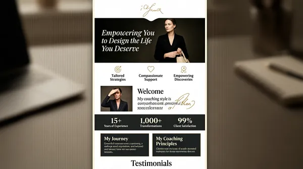 [Format]
Professional Fiverr gig cover, landscape 16:9 banner. Portfolio-showcase style presenting one tall website screenshot over a blurred desk scene. No watermark, no personal names.

[Layout]
A warm grey-brown background that is a heavily blurred photograph of a desk with a laptop, notebook and pen. Down the centre of the frame runs a tall, narrow website page screenshot, cropped by the top and bottom edges, occupying roughly the middle third of the width.

[Subject]
No people in the frame itself. The screenshot is a lifestyle-coaching site whose photography shows elegant white / Caucasian women in dark outfits — a white / Caucasian woman in black holding a beige bag, and a smaller portrait of a white / Caucasian woman in a dark blazer shielding her eyes — but the composition is a product showcase.

[Devices]
The centred screenshot is a cream-and-charcoal Squarespace-style coaching site: a small gold logo mark at the top; a gold script name in a handwritten signature style; the serif headline "Empowering You to Design the Life You Deserve" in cream italic over the dark hero photograph with two small gold buttons; a row of three gold line-icon columns labelled "Tailored Strategies", "Compassionate Support" and "Empowering Discoveries"; an about section headed with a short personal greeting and a signature-style name with the italic line "My coaching style is compassionate, professional, and tailored to your specific needs."; a dark charcoal stats band with large serif figures "15+" over "Years of Experience", "1,000+" over "Transformations" and "99%" over "Client Satisfaction"; two dark text cards titled "My Journey" and "My Coaching Principles"; and, cut off at the bottom edge, the heading "Testimonials".

[Mood]
Elegant, editorial and portfolio-led; a blurred warm workspace with one crisp, tall site design floating down the centre, refined serif and script typography throughout.
