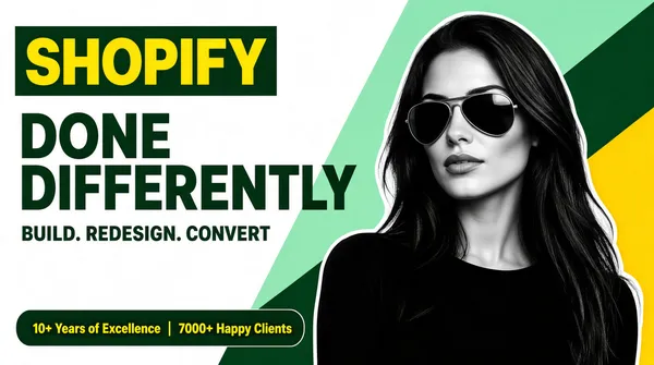 [Format]
Professional Fiverr gig cover, landscape 16:9 banner. Modern editorial Shopify style with a high-contrast monochrome portrait and geometric green accents. No watermark, no personal names.

[Layout]
A clean white background overlaid with diagonal mint-green, dark-green and yellow geometric slabs. The left half carries the headline and credential bar; the right half is dominated by a monochrome portrait cut-out with a white contour trace.

[Subject]
On the right: a young white / Caucasian woman with long dark hair, wearing dark aviator sunglasses and a black top, rendered in high-contrast black and white, head-and-shoulders, looking slightly toward the camera with a confident expression. A thin white outline separates her from the background. No text or watermark on the subject.

[Headline]
Stacked on the left: "SHOPIFY" in very heavy yellow caps set on a dark green rectangular slab; then "DONE DIFFERENTLY" in very heavy dark green sans-serif caps; then "BUILD. REDESIGN. CONVERT" in bold dark green caps.

[Graphic accents]
Bottom-left: a dark green rounded rectangular bar with yellow text "10+ Years of Excellence | 7000+ Happy Clients".

[Mood]
Stylish, confident and editorial; clean white with bold green slabs, a high-fashion monochrome portrait and a clear Shopify promise.