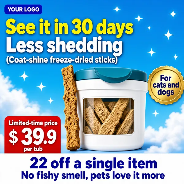 [Format]
Professional e-commerce product main image, square 1:1, bright pet-snack promo with a tub and a freeze-dried stick on a blue sky backdrop.

[Colors]
Background bright azure blue (#3f8fd8) fading to white clouds with sparkles, primary accent cobalt blue, secondary white and sky tones, teal lid, golden-brown treat, red price card and white banner. No frame border.

[Layout]
Headline in two lines fills the top-left with a product-name line beneath. The white tub stands right of center with its teal lid; a long freeze-dried stick leans diagonally against it. A gold seal hugs the right edge. A red price card sits bottom-left with a white banner closing the bottom edge.

[Subject]
A white plastic storage tub with a curved teal-blue flip lid and a front window panel, beside a rustic golden-brown freeze-dried meat stick standing tall against the tub, small sparkle motifs floating in the blue sky.

[Headline]
Big yellow-and-white heavy type: "See it in 30 days" and "Less shedding". White line: "(Coat-shine freeze-dried sticks)". Gold seal: "For cats and dogs". Red card: "Limited-time price 39.9 per tub" with currency symbol. White banner: "22 off a single item" and "No fishy smell, pets love it more".

[Badges]
Gold round breed seal; red price card; white promo banner; header chip "YOUR LOGO".

[Mood]
Bright, breezy and results-driven, playful pet-care confidence.