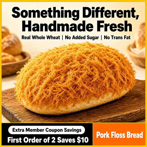 [Format]
Professional e-commerce product main image, square 1:1, warm appetizing close-up of pork-floss bread with bold corner text.

[Colors]
Golden-yellow border frame; warm wooden table and beige backdrop; orange shredded pork floss; black and white display text; orange corner block; No frame border beyond the thin yellow frame.

[Layout]
Big two-line headline across the top; black benefit line beneath; the floss-covered loaf fills the center on a wooden board; bottom band: black strip left with a white pill inside, white bold line below, and an orange block bottom-right holding white text.

[Subject]
A soft oval bread roll completely coated in fluffy golden-orange pork floss, resting on a rustic wooden cutting board, ultra-close and textured.

[Headline]
Black heavy text "Something Different, Handmade Fresh"; black line "Real Whole Wheat | No Added Sugar | No Trans Fat"; black strip with white pill "Extra Member Coupon Savings"; white bold "First Order of 2 Saves $10"; orange block "Pork Floss Bread".

[Badges]
Orange corner product block, black coupon strip.

[Mood]
Warm bakery comfort with crave-worthy homemade freshness.