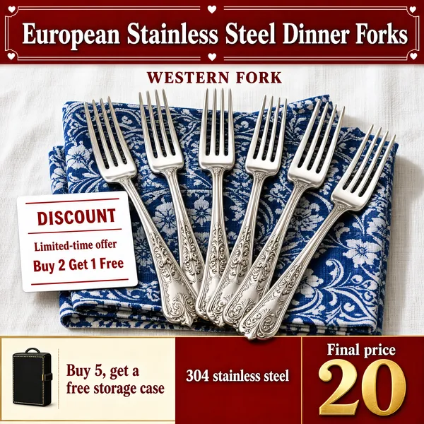 [Format]
Professional e-commerce product main image, square 1:1, rustic-tableware style with a red header card, vintage silver forks and a promo footer.

[Colors]
Background soft white linen with a blue-and-white patterned napkin. Header in deep red with white text. The footer band pairs red and cream with a gold price. Forks in polished silver. No frame border.

[Layout]
The top holds a red title banner with a thin double outline and tiny hearts, plus small red caps beneath it. The centre shows a fan of forks over the napkins. The left-middle carries a white discount card with red rules. The bottom is a full-width footer strip with offer text on the left, material in the centre and price on the right.

[Subject]
No people. Six ornate silver-plated dinner forks arranged in a loose fan, embossed baroque handle patterns catching the light, laid across folded blue-and-white patterned napkins on white linen.

[Headline]
Red banner: "European Stainless Steel Dinner Forks". Red caps beneath: "WESTERN FORK". White card: "DISCOUNT" in red caps, then "Limited-time offer" and "Buy 2 Get 1 Free" in red. Footer: a cream block "Buy 5, get a free storage case" with a small case icon on the left; "304 stainless steel" in white on red in the centre; "Final price" small over a huge gold "20" on the right.

[Mood]
Warm, homey and vintage-elegant; classic silverware charm wrapped in cheerful red promo framing.