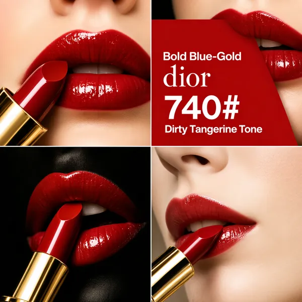 [Format]
Professional e-commerce product main image, square 1:1, sultry high-end beauty collage style.

[Colors]
A four-tile grid mixing deep saturated reds (#c0181f), cream skin tones and pure black; a flat red overlay panel (#d8342e) on the upper right; white type; glossy lip shine highlights.

[Layout]
Quad grid of close-up tiles: top-left a macro of glossy red lips with a gold lipstick tube at the corner; top-right a red panel carrying shade copy over a second lips shot; bottom-left a dark glamour tile of lips parted around a lipstick bullet; bottom-right a monochrome profile with a red lipstick touching fair-skinned lips.

[Subject]
Extreme close-ups of lips and partial faces only - a fair-skinned model with plump, gloss-painted crimson lips in each tile; a gold-cased lipstick swatched across skin; no full face and no other people anywhere.

[Headline]
On the red panel, in white: small letterspaced caps reading "Bold Blue-Gold", the word "dior" in lowercase serif, a huge white "740#" and beneath it "Dirty Tangerine Tone" in smaller white type.

[Badges]
None.

[Mood]
Sensual, editorial and luxurious; saturated crimson close-ups with fashion-magazine confidence.