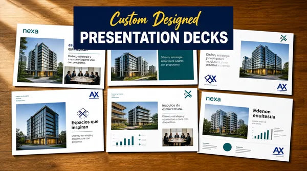[Format]
Landscape 16:9 gig cover, realistic desk-mockup collage. Natural lighting on a wooden surface, no watermark, no personal names.

[Layout]
A wooden desk surface fills the lower half, with six presentation-slide printouts arranged in a 2x3 grid above it, slightly overlapping. The slides show architectural photography and corporate layouts. A dark blue rectangular banner with script and sans-serif text overlays the top-center.

[Subject]
none — typographic only; the slide mockups contain small photos of people in meetings, but no large human cut-out.

[Headline]
Top-center dark blue rectangle contains yellow script text "Custom Designed" above large white sans-serif text "PRESENTATION DECKS". The slide mockups contain placeholder company names and generic architectural images. Small body copy in a non-English language appears on several slides.

[Badges]
Small corporate marks appear on the slide mockups: a teal lowercase wordmark, a blue cross-and-letter mark, and other placeholder logos. These are described as generic geometric marks, not real brands. A URL watermark runs along the bottom edge but is omitted from the prompt.

[Mood]
Warm wood, deep blue, white, and teal palette, professional and real-estate corporate, suggests tailored corporate deck design.