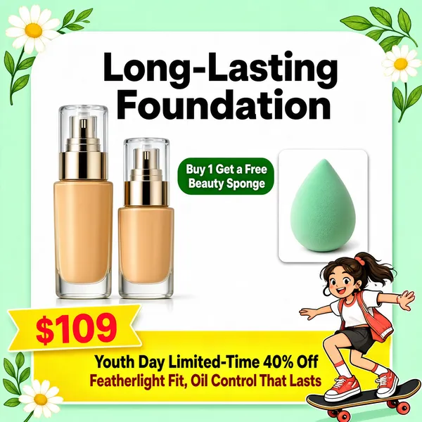 [Format] Professional e-commerce product main image, square 1:1, soft pastel beauty promo with illustrated accents. [Colors] Mint green background (#cfe8d5 range) framing a large white rounded card; charcoal headline text (#2f2f2f); peachy-nude product tones (#d9a97f range); a sunny yellow price strip (#f7c948) and coral-red accents; small daisy and leaf illustrations tucked into the corners. No frame border. [Layout] The white rounded panel fills most of the canvas. The headline sits top center. Two foundation bottles stand side by side at left-center; to their right a small green pill badge and a white inset card showing a mint makeup sponge. A cartoon skater girl illustration anchors the bottom-right corner. A yellow ribbon tab sits bottom-left above a wide yellow band carrying two promo lines. [Subject] Two pump bottles of liquid foundation with clear caps and metallic collars, golden-beige glass revealing the shade inside, one taller and one shorter, standing upright on the white card. [Headline] Large bold black type reads Long-Lasting Foundation at top center. The yellow band announces Youth Day Limited-Time 40% Off, with a second line beneath in dark red: Featherlight Fit, Oil Control That Lasts. The yellow ribbon tab shows a price of $109 in oversized red numerals. [Badges] A small green pill beside the bottles reads Buy 1 Get a Free Beauty Sponge in white text. [Mood] Fresh, youthful and trustworthy, like a friendly seasonal beauty celebration.