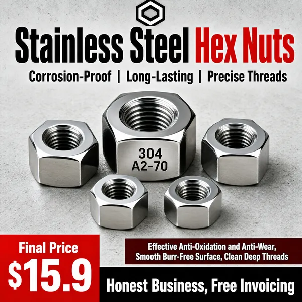 [Format]
Professional e-commerce product main image, square 1:1, industrial precision promo for stainless hex nuts.

[Colors]
Light grey concrete-texture background, polished silver hex nuts, black and red headline text, dark red spec strip, red price block bottom left, black bottom banner, white logo chip.

[Layout]
Logo chip top center, huge headline across the top, thin spec subline beneath it, five hex nuts of different sizes arranged center, dark red spec bar lower right, price block and banner along the bottom.

[Subject]
Several shiny stainless-steel hexagonal nuts in descending sizes with stamped markings like "304" and "A2-70", crisp machined threads visible, standing and stacked on the grey surface.

[Headline]
Top: "Stainless Steel Hex Nuts" in heavy black with "Hex Nuts" in red. Subline: "Corrosion-Proof | Long-Lasting | Precise Threads". Red bar: "Effective Anti-Oxidation and Anti-Wear, Smooth Burr-Free Surface, Clean Deep Threads". Bottom left: "Final Price $15.9". Black banner: "Honest Business, Free Invoicing".

[Badges]
White logo chip top center; dark red spec bar and red-black bottom strip.

[Mood]
Rugged, exact and trustworthy, a no-nonsense hardware-counter pitch.