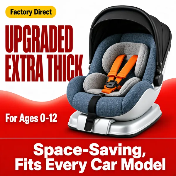 [Format]
Professional e-commerce product main image, square 1:1, practical baby-travel style with a bold red-and-white split and a large hero seat.

[Colors]
Background split: clean white upper field and saturated red #e33 lower field separated by a soft wave; yellow corner pill; deep red headline caps; the blue-grey seat provides the cool contrast.

[Layout]
Top-left corner holds a yellow pill label. The headline stacks down the left side with a white sub-line. The infant car seat fills the right two-thirds, angled toward the viewer. A red bottom band carries the closing claim in huge white caps.

[Subject]
An infant car seat with a black canopy, heathered blue-grey fabric, a padded grey newborn insert cushion, a bright orange five-point harness and a silver-white base shell, shown floating at a three-quarter angle.

[Headline]
Top-left, a golden-yellow rounded pill with dark text "Factory Direct"; below, very heavy red caps stacked "UPGRADED" and "EXTRA THICK"; then white caps "For Ages 0-12". Bottom red band, enormous white caps "Space-Saving, Fits Every Car Model".

[Badges]
No badge row; the yellow factory-direct pill is the only tag.

[Mood]
Solid, reassuring and value-focused; confident red with a cool blue-grey product anchor.