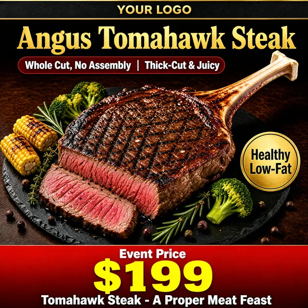 [Format]
Professional e-commerce product main image, square 1:1, hearty steakhouse promo style with glossy food photography and a bold price band.

[Colors]
The photo fills the frame with a warm dark-brown table (#2a1c14) and deep shadows; the grilled tomahawk is rich mahogany with a rosy pink center; accents are sweetcorn yellow, broccoli green and fresh rosemary green; the top strip and a small right-side label are metallic gold (#d8b56a) on charcoal; the bottom band is a vivid red-to-crimson gradient (#d42a1e) with white and yellow type. No frame border.

[Layout]
A slim gold logo strip runs along the very top edge; the headline spans the upper third; a red pill sits just beneath it on the left; the steak dominates the centre at a dramatic diagonal; a round gold seal sits mid-right; a red banner with the price and closing tagline occupies the bottom edge.

[Subject]
No people. A whole grilled Angus tomahawk steak with a long frenched bone pointing up-right, charred crust, glistening juices and a juicy pink slice revealed at the front, served on a black slate plate with charred baby corn cobs, broccoli florets, rosemary sprigs, thyme and scattered peppercorns.

[Headline]
Top strip: "YOUR LOGO" in gold caps. Main headline in bold golden serif-flavoured caps: "Angus Tomahawk Steak". Beneath, a dark red pill with white text: "Whole Cut, No Assembly | Thick-Cut & Juicy". Bottom band: "Event Price" above a huge yellow "$199", then bold white "Tomahawk Steak - A Proper Meat Feast".

[Badges]
A round gold seal at mid-right reads "Healthy" over "Low-Fat" in dark lettering.

[Mood]
Rich, carnivorous and celebratory; smoky dark photography set off by gold type and a decisive red price stripe.