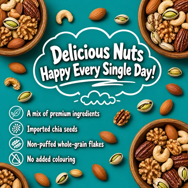 [Format]
Professional e-commerce product main image, square 1:1, playful flat-doodle snack promo style.

[Colors]
Solid teal-turquoise background in the #3aa3b8 range, a white hand-drawn cloud outline, warm nut-brown photography in wooden bowls, white line icons and text; no frame border.

[Layout]
A large white cloud-shaped line doodle fills the upper centre and holds the two-line headline; four icon-plus-text benefit rows run down the lower-left; four wooden bowls of mixed nuts hug the four corners, some cropped by the frame edges, with loose nuts scattered between.

[Subject]
No people. Wooden bowls filled with pistachios, walnuts, cashews, almonds and pecans, photographed warm and crisp, a few shells and loose kernels scattered across the teal ground to bridge the corners.

[Headline]
Inside the cloud doodle, tilted slightly: "Delicious Nuts" and "Happy Every Single Day!" in heavy white caps with a hand-drawn underline flourish and a small cloud squiggle trailing below; the lower-left benefit rows with white line icons read "A mix of premium ingredients", "Imported chia seeds", "Non-puffed whole-grain flakes", "No added colouring".

[Badges]
None; the doodle cloud and icon rows carry all the messaging.

[Mood]
Cheerful snack-time doodle energy; teal ground, nutty warmth and sketchy white linework.