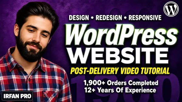 [Format]
Professional Fiverr gig cover, landscape 16:9 banner, warm portrait-plus-typography style on a textured purple ground with 3D display type. No watermark, no personal names.

[Layout]
A violet-purple background with a subtle mottled wall texture and a giant ghosted darker-purple numeral "1900" set across the lower right as a watermark. The subject occupies the left third; the typography stack fills the centre and right.

[Subject]
Left third, cropped at the chest and bleeding off the left edge: a young white / Caucasian man with thick dark swept-back hair and a full dark beard, wearing a red, blue and white plaid flannel shirt, glancing toward the camera with a relaxed half-smile, head slightly lowered. Natural soft light, photographic look.

[Headline]
Top-right corner: the WordPress circular "W" logo in white inside a thin white ring. Stacked to the right of the subject: "DESIGN • REDESIGN • RESPONSIVE" in white caps with small round dot separators; then "WordPress" enormous in a heavy italic serif-flavoured face with a white-to-silver gradient fill, a dark drop shadow and a faint green edge glow; then "WEBSITE" in heavy white caps, right-aligned. Below, "POST-DELIVERY VIDEO TUTORIAL" in bold yellow italic caps, then two left-aligned lines in white bold: "1,900+ Orders Completed" and "12+ Years Of Experience".

[Badges]
Bottom-left corner: a small dark logo mark with the letters "IRFAN PRO" in white.

[Graphic accents]
The oversized translucent "1900" numeral texture sits behind the stat lines, tonally slightly darker than the wall.

[Mood]
Confident and service-led; one textured purple field, dimensional white 3D lettering, a casual human presence on the left with proof numbers on the right.