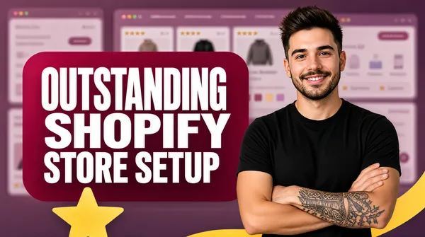 [Format]
Professional Fiverr gig cover, landscape 16:9 banner. Soft mauve studio style with a blurred interface backdrop and a friendly human subject. No watermark, no personal names.

[Layout]
A dusty mauve-purple background that is itself a heavily blurred e-commerce dashboard: ghosted browser windows with product cards, star ratings, colour swatches and a faint chart. A semi-transparent crimson-magenta rounded panel sits centre-left carrying the headline; the subject fills the right half.

[Subject]
Right side, waist-up: a young white / Caucasian man with short dark hair swept upward, a light beard and moustache, wearing a plain black t-shirt, arms folded across his chest with a tattooed forearm visible, smiling warmly at the camera. Soft studio light, sharp focus against the blurred backdrop. No text or watermark on the subject.

[Headline]
Inside the crimson rounded panel, left-aligned: "OUTSTANDING SHOPIFY STORE SETUP" in very heavy white condensed caps over two lines.

[Graphic accents]
A soft yellow star shape peeks out from behind the lower edge of the crimson panel, and a faint yellow curved line crosses the panel near its base.

[Mood]
Approachable, modern and service-led; muted mauve blur with one bold crimson panel, heavy condensed type and a relaxed, friendly human presence.