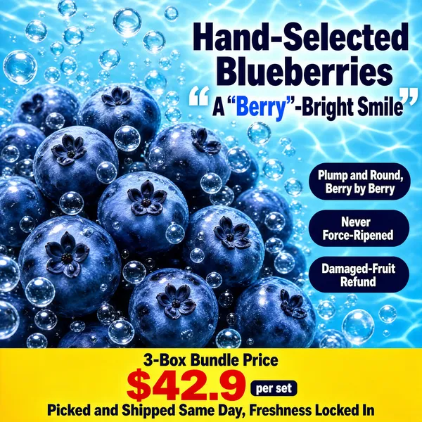 [Format]
Professional e-commerce product main image, square 1:1, crisp underwater fruit-ad style with sparkling bubbles and bold navy type.

[Colors]
Background is a bright aquatic blue (#bfe0f5) filled with rising clear bubbles and light refractions around deep indigo blueberries; the headline is dark navy with one accent character in blue; three claim pills are navy with white text; the bottom banner is a warm yellow band with dark navy and red type. No frame border.

[Layout]
The two-line headline occupies the upper right; three stacked pills run down the right edge below it; a mass of bubble-wrapped blueberries fills the centre and lower left at dramatic close range; a full-width yellow price banner anchors the very bottom edge.

[Subject]
No people. A close-up underwater cluster of plump dusty-blue blueberries, their frosted skins glistening among dozens of transparent air bubbles of varying sizes, a few berries showing open star-shaped crowns, cool bright light refracting through the water for a weightless just-harvested feel.

[Headline]
Upper right in heavy navy display type across two lines: "Hand-Selected Blueberries" and "A Berry-Bright Smile", with the word "Berry" set in blue and framed by oversized white quotation marks for a playful pun. Right pills in white on navy: "Plump and Round, Berry by Berry", "Never Force-Ripened", "Damaged-Fruit Refund". Bottom yellow banner: "3-Box Bundle Price" above a bold red "$42.9" with a small "per set" tag, followed by navy copy "Picked and Shipped Same Day, Freshness Locked In".

[Mood]
Fresh, bubbly and witty; cool underwater sparkle around juicy blueberries with cheerful yellow sale energy.