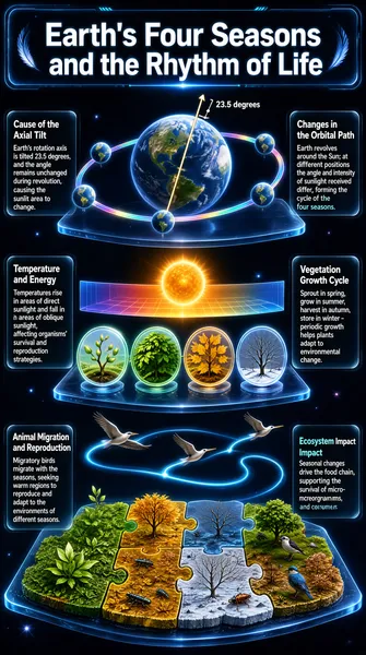 This infographic is titled "Earth's Four Seasons and the Rhythm of Life" and uses a vertical layered structure. Through 3D stereoscopic visual effects and transparent glass-panel layering, it systematically explains the mechanism by which Earth's four seasons form and their driving effect on life activities. The overall style is highly technological, with a deep blue cosmic space background dotted with glowing feathers and light-effect lines, creating a mysterious and dynamic atmosphere. From top to bottom, the image is divided into four main layers, each with a text box (a semi-transparent rounded rectangle), with content centered on Earth's motion and life's responses: **Layer One: Earth's Revolution and Axial Tilt** - At the center is a 3D model of the Earth whose rotation axis is tilted 23.5 degrees, marked with the text "23.5 degrees." - The Earth revolves around the Sun along an elliptical orbit; the orbit has an iridescent sheen, and there are multiple Earth-position points on the orbit indicating positions in different seasons. - Left text box, title: "Cause of the Axial Tilt"; content: "Earth's rotation axis is tilted 23.5 degrees, and the angle remains unchanged during revolution, causing the sunlit area to change." - Right text box, title: "Changes in the Orbital Path"; content: "Earth revolves around the Sun; at different positions the angle and intensity of sunlight received differ, forming the cycle of the four seasons." **Layer Two: Temperature and Energy Changes and the Vegetation Growth Cycle** - Above this layer is a gradient plane (orange-yellow to blue-white) symbolizing the distribution of solar radiation intensity. - Below the plane are four transparent discs showing plants in different seasons: - Spring: tender buds sprouting; - Summer: lush green leaves; - Autumn: leaves turning yellow; - Winter: branches withering. - Left text box, title: "Temperature and Energy"; content: "Temperatures rise in areas of direct sunlight and fall in areas of oblique sunlight, affecting organisms' survival and reproduction strategies." - Right text box, title: "Vegetation Growth Cycle"; content: "Sprout in spring, grow in summer, harvest in autumn, store in winter - periodic growth helps plants adapt to environmental change." **Layer Three: Animal Migration and Reproductive Behavior** - This layer shows the flight paths of three migratory birds with glowing trails, symbolizing migration routes. - Below is a jigsaw-style terrain containing various ecological elements: green plants, deciduous trees, insects, birds, and more. - Left text box, title: "Animal Migration and Reproduction"; content: "Migratory birds migrate with the seasons, seeking warm regions to reproduce and adapt to the environments of different seasons." (Note: "warm" appears with a typo in the original.) - Right text box, title: "Ecosystem Impact"; content: "Seasonal changes drive the food chain, supporting the survival of microorganisms, insects, and consumers." **Overall Layout and Visual Design** - The image uses a layered, stacked 3D structure, with each layer representing a thematic module and progressing logically from top to bottom: physical causes -> energy transfer -> plant responses -> animal behavior -> ecosystem effects. - Text boxes use a unified dark gray semi-transparent background with white or light-colored fonts and dotted decorative icons, enhancing readability. - All graphic elements have a smooth texture and light-and-shadow reflections, highlighting a technological and modern feel. - The title "Earth's Four Seasons and the Rhythm of Life" is at the top in a silvery-white metallic font, with decorative elements of leaves, feathers, and planets surrounding it below, reinforcing the theme. This infographic fully presents the astronomical basis for the formation of Earth's four seasons and its multi-level impact on living systems; the combination of images and text is rigorous and the logic is clear, making it suitable for popular-science education scenarios.
