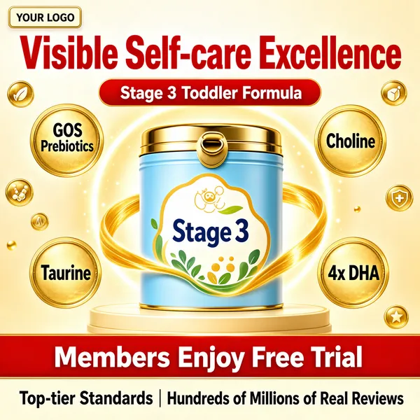 [Format]
Professional e-commerce product main image, square 1:1, premium Double-11 infant formula scene in warm cream and gold.

[Colors]
Background soft ivory-to-champagne gradient (#f5ead2 to #e8d3a8) with golden swirl ribbons and a glowing halo ring, primary accent gentle sky blue tin, secondary gold badges and red banner, floating gold ingredient bubbles, No frame border.

[Layout]
Formula tin hero centered on a cream podium ring; giant red headline across the top; a red pill subtitle beneath; four round gold ingredient badges orbit the tin; bottom band splits into a red bar and a cream bar.

[Subject]
A light blue infant formula canister with gold lid and a bold organic label, stage 3 note, ring-pull top, wrapped in soft golden light ribbons.

[Headline]
Top red heading: "Visible Self-care Excellence". Red pill: "Stage 3 Toddler Formula". Gold badges: "GOS Prebiotics", "Choline", "Taurine", "4x DHA". Bottom red bar: "Members Enjoy Free Trial" in white; cream bar: "Top-tier Standards | Hundreds of Millions of Real Reviews" in brown. Top-left "YOUR LOGO" chip.

[Badges]
Logo chip top-left, four ingredient bubbles, red member banner, podium ring.

[Mood]
Tender and premium, wrapping infant nutrition in golden maternal warmth.