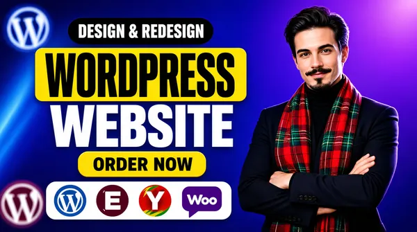 [Format]
Professional Fiverr gig cover, landscape 16:9 banner, bold high-contrast commercial advertising style. Glossy, saturated, high-energy with heavy black and white display type on a purple-blue ground. No watermark, no personal names.

[Layout]
Deep blue-to-purple gradient background, darker at the edges and brighter toward the upper right. A soft diagonal light streak crosses the left side. The left two-thirds carry the headline stack and badges; the right third is reserved for the subject.

[Subject]
On the right: a confident young white / Caucasian man with dark swept hair, a neat mustache and goatee, wearing a black turtleneck, a dark blazer and a bright red-green-blue plaid scarf draped around his neck, arms folded, waist-up, smiling slightly at camera. Clean studio cut-out with a subtle rim light separating him from the purple background. No text or watermark on the subject.

[Headline]
Stacked on the left, centre-aligned: a black rounded pill with white bold caps "DESIGN & REDESIGN"; then "WORDPRESS" in very heavy black condensed caps set on a bright yellow rectangular slab with rounded corners; then "WEBSITE" in very heavy white condensed caps directly on the blue-purple ground; then a solid yellow rounded pill button with black bold caps "ORDER NOW".

[Badges]
Below the headline: a horizontal white rounded pill containing four circular platform logos side by side — the blue WordPress circular mark, the maroon Elementor "E" mark, the red-green-yellow Yoast "Y" mark, and the purple WooCommerce speech-bubble mark.

[Graphic accents]
Two faint floating WordPress logo tiles appear in the upper-left and lower-left corners, one in blue-white and one in maroon, softly blurred.

[Mood]
Loud, confident, platform-forward; saturated purple-blue with yellow slab accents, glossy condensed type, strong human presence on the right.