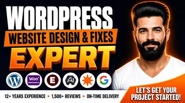 [Format]
Professional Fiverr gig cover, landscape 16:9 banner, bold dark advertising style with giant 3D display type and a badge row. No watermark, no personal names.

[Layout]
A deep navy-black background with a warm orange rim glow bleeding in around the subject's hair on the right. The left two-thirds are a dense typographic stack ending in a logo row and a full-width bottom bar; the subject occupies the right third and bleeds off the right edge.

[Subject]
Right third, chest-up: a white / Caucasian man with a tall swept-back black pompadour hairstyle, a full black beard and moustache, wearing a plain white v-neck t-shirt, looking directly at the camera with a confident slight smile, lit by a strong orange rim light that halos his hair and shoulders against the dark ground.

[Headline]
Stacked on the left: "WORDPRESS" in enormous heavy white condensed caps; then "WEBSITE DESIGN & FIXES" in heavy dark-navy caps on an orange rectangular slab with a slight tilt; then "EXPERT" in huge extruded 3D caps with a hot orange-to-gold vertical gradient and strong bevel and shadow.

[Badges]
Below the headline, a row of six circular white badges, each holding a brand mark: the blue WordPress "W" roundel, a purple "Woo" WooCommerce tile, the dark-red circular Elementor "E", the green OpenAI knot mark, an orange starburst mark on white, and the multicolour Google "G".

[Footer]
Along the very bottom edge, a full-width white bar: on the left, dark caps reading "12+ YEARS EXPERIENCE", then an orange dot, "1,500+ REVIEWS", another orange dot, and "ON-TIME DELIVERY"; on the right the bar rises into an orange wedge containing "LET'S GET YOUR PROJECT STARTED!" in heavy white caps on two lines.

[Mood]
Expert-led, high-trust and punchy; near-black navy with blazing orange 3D type, a wall of tool logos and proof stats in the footer bar.