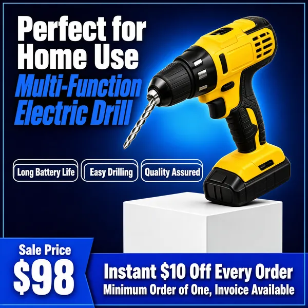 [Format]
Professional e-commerce product main image, square 1:1, bold high-contrast hardware-tool advertising style with saturated blue ground and a vivid yellow hero product.

[Colors]
Deep blue-to-navy radial background in the #123a8c to #0a1c4a range with a lighter blue glow behind the product, primary accent bright cobalt (#2e6bff) plus the tool's yellow-and-black body; thin light-blue frame border around the whole canvas.

[Layout]
Headline block sits upper-left in two stacked lines; the drill floats diagonally across the upper-right pointing down-left; a row of three outlined feature pills runs across the middle; a white pedestal cube supports the grip at lower centre; the bottom third is split into a price zone on the left and a blue promo band on the right.

[Subject]
A yellow-and-black cordless electric drill with a silver twist bit, chunky black rubber grip, brand-free yellow body panels and ventilation slats, angled dynamically with the chuck aimed toward the lower left; hard studio highlights on the plastic shell.

[Headline]
Upper-left: "Perfect for Home Use" in heavy white caps, then "Multi-Function Electric Drill" directly below in very heavy bright-blue condensed caps with a slight italic lean. Middle row: three white-outlined rounded badges with blue text "Long Battery Life", "Easy Drilling", "Quality Assured".

[Badges]
Bottom-left price tag: "Sale Price" small label over "$98" in huge white numerals on a blue ribbon. Bottom-right blue band: "Instant $10 Off Every Order" over "Minimum Order of One, Invoice Available" in white caps.

[Mood]
Confident, punchy and tool-shed tough; deep blue ground with a glowing yellow product and no-nonsense bold type.