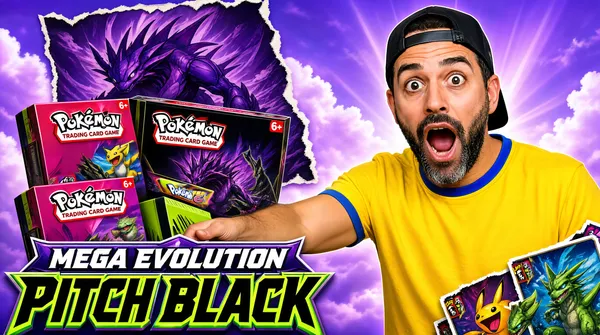 [Format]
Landscape 16:9 gig cover, unboxing-thumbnail style: a shocked presenter on the right holding fan merchandise, a fantasy product stack on the left, and a chunky game-logo wordmark at the bottom. Saturated collector-fair finish. No watermark, no personal names.

[Layout]
The right half is a man from the chest up, mouth wide open in an exaggerated gasp, wearing a backwards black cap, cut out against a dreamy purple sky with soft clouds and light rays. His arm extends left across the lower frame. The left half holds a leaning stack of Pokémon Trading Card Game booster boxes and a display box, each covered in vibrant creature artwork, slightly tilted and overlapping. Behind the stack, a stylized purple creature illustration on a torn poster backdrop. Across the bottom-left, a two-line decorative game-style wordmark sits on the composition's lowest layer, overlapping the boxes. Scattered card-game creature graphics peek from the bottom-right corner.

[Subject]
A man in his late twenties to thirties, short beard with grey flecks, backwards black cap, wearing a bright yellow graphic t-shirt with a blue collar trim, head turned toward camera, mouth agape in comic astonishment, holding the product stack with one extended arm.

[Headline]
Bottom-left, a two-line fantasy-game wordmark: "MEGA EVOLUTION" in bevelled gradient caps on a ribbon, above "PITCH BLACK" in huge jagged black letters with a green-to-purple outline glow — decorative game-logo typography, not a sentence.

[Badges]
The booster boxes each carry the red Pokémon Trading Card Game logo plate — the white "Pokémon" wordmark inside a red-and-white banner — with small "6+" age-rating chips in the corners.

[Mood]
Lavender sky pastels colliding with saturated magenta, lime and black box art — collector hype energy. At thumbnail size the open-mouthed face and the bright box stack are the read.