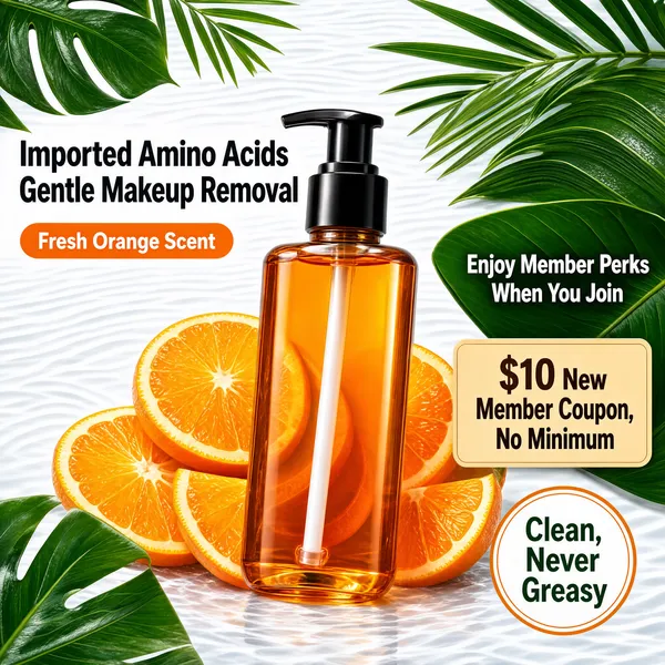 [Format]
Professional e-commerce product main image, square 1:1, fresh botanical-citrus beauty style with rippled water textures and tropical leaves.

[Colors]
White background textured with soft rippled water lines; rich green monstera and palm leaves framing the top-left, top-right and bottom corners; juicy orange accents from citrus slices; warm orange label pills.

[Layout]
The pump bottle stands centre, slightly tilted right, with orange slices tucked behind it. Upper-left carries a two-line headline with a small orange pill below. The right side has a text line, a coupon plate and a round badge near the lower-right.

[Subject]
A transparent amber-orange cleansing-oil bottle with a black pump top, a white inner dip tube visible through the glossy liquid, standing amid fresh orange slices with glistening pulp.

[Headline]
Upper-left in dark grey bold caps "Imported Amino Acids" over "Gentle Makeup Removal"; below, a small orange pill "Fresh Orange Scent". On the right, small white-on-leaf text "Enjoy Member Perks When You Join"; beneath it a tan coupon plate reading "$10 New Member Coupon, No Minimum"; lower-right a round outlined badge "Clean, Never Greasy".

[Badges]
The tan coupon plate and the round clean-finish badge near the lower right.

[Mood]
Fresh, zesty and spa-like; citrus orange against watery white with lush green foliage.