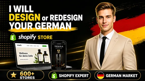 [Format]
Professional Fiverr gig cover, landscape 16:9 banner. Dark premium Shopify advertising style with German market cues and gold accents. No watermark, no personal names.

[Layout]
A dark charcoal background with subtle gold light streaks and a German flag brushstroke in the upper right. The left half carries the headline, Shopify badge and device mockups; the right half holds a cut-out portrait of a man in a suit. A dark feature bar spans the bottom with three gold-outlined badges.

[Subject]
On the right: a confident young white / Caucasian man with short light-brown hair, wearing a beige suit jacket, white dress shirt and black tie, smiling slightly at the camera. Waist-up, clean studio light with a subtle gold rim. No text or watermark on the subject.

[Headline]
Upper left: "I WILL" in white caps; then "DESIGN" in heavy yellow caps, "or" in smaller white, "REDESIGN" in heavy white caps; then "YOUR GERMAN" in heavy white caps on a yellow brushstroke banner; then the green Shopify shopping-bag mark beside the word "shopify" in white lowercase script; then "STORE" in heavy yellow caps.

[Badges]
Bottom feature bar: three dark rounded badges with gold outlines and icons — a gold star with "600+" in gold bold and "STORES" in white caps; a green Shopify bag mark with "SHOPIFY EXPERT" in white caps; and a German flag circle with "GERMAN MARKET" in white caps.

[Devices]
Lower left: a laptop mockup showing a wellness Shopify store with supplement bottles and German text "Wellness für deine Zelle". In front of it, a smartphone mockup shows a dark luxury tequila product page with the word "TEQUILA" and German text.

[Graphic accents]
Top-right corner: a rough brushstroke in black, red and yellow representing the German flag. Small gold light flares and dotted grid accents appear across the dark background.

[Mood]
Premium, market-specific and confident; dark ground with German flag colours, gold trust badges and polished device mockups.