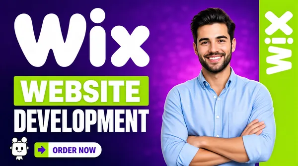 [Format]
Professional Fiverr gig cover, landscape 16:9 banner. Bold, clean advertising style on a rich purple gradient with a giant platform wordmark. No watermark, no personal names.

[Layout]
A vivid purple gradient background, deepest violet at the lower left and brighter magenta-purple behind the subject, with a subtle blurred photographic texture. The word "Wix" is set enormous in its official white wordmark lettering across the upper-left half. A solid lime-green vertical band runs down the far right edge, carrying a rotated white "WiX" wordmark. The subject occupies the centre-right, cropped at the waist and bleeding off the bottom edge.

[Subject]
Centre-right, standing in front of the purple field with the green band behind his shoulder: a young white / Caucasian man with dark swept-back hair and a short trimmed beard, wearing a light blue button-up shirt with rolled sleeves, arms folded across his chest, smiling broadly at the camera. Clean studio light. No text or watermark on the subject.

[Headline]
Upper left: the giant white "Wix" wordmark in its rounded trademark letterforms with the characteristic dot over the i. Below it, "WEBSITE" in very heavy white condensed caps set inside a lime-green rectangular slab so the letters read as knockout; then "DEVELOPMENT" in very heavy white condensed caps directly on the purple. At the bottom left, a small white Wix mascot logo beside a white rounded pill button containing "ORDER NOW" in bold purple caps and a small purple arrow on a green square at its right end.

[Mood]
Bright, brand-led and approachable; one confident purple field with oversized white wordmarks, a lime slab and a friendly human presence centre-right.