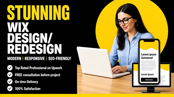 [Format]
Professional Fiverr gig cover, landscape 16:9 banner. Bold black-and-yellow advertising style with heavy sans-serif type and a working professional scene. No watermark, no personal names.

[Layout]
A black full-bleed ground with one large yellow circle in the upper right behind the subject's head, and a thin yellow strip running along the entire bottom edge. The left half is the typography column with a checklist; the right half is a colour photo scene of the subject at her desk with a phone mockup in front.

[Subject]
Right side, full colour: a young white / Caucasian woman with long dark hair and black-framed glasses, wearing a light blue button-up shirt, seated at a light wooden desk typing on a white laptop, looking down at the screen with a soft smile, shown from the waist up. Warm indoor light, sharp focus. No text or watermark on the subject.

[Headline]
Stacked on the left: "STUNNING" in very heavy yellow caps; then "WIX", "DESIGN/" and "REDESIGN" in very heavy white caps across three lines. Beneath, a line of white caps "MODERN | RESPONSIVE | SEO-FRIENDLY" with thin vertical separators. Below, a left-aligned checklist of four rows, each with a white circle-check icon and white text: "Top Rated Professional on Upwork", "FREE consultation before project", "On-time Delivery", "100% Satisfaction".

[Devices]
Bottom-right, in front of the desk: a black smartphone mockup displaying a mobile page mock with a yellow wave header, the heading "Lorem ipsum", small grey body text and a black "Getstone!" button, plus a small desktop-monitor mockup beneath it showing a matching "Lorem Ipsum" page with the same yellow header.

[Graphic accents]
The oversized flat yellow circle behind the subject and the yellow base strip along the bottom edge.

[Mood]
Bold, professional and assurance-led; black and yellow with strong type contrast, credible working scene and tidy trust checklist.