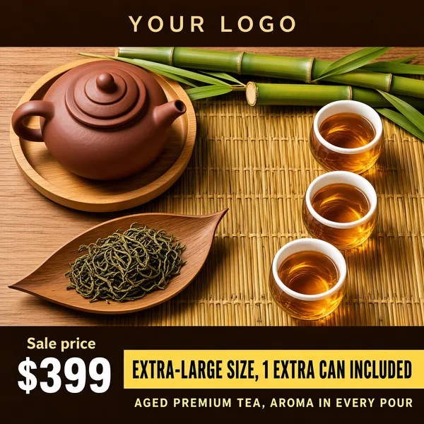 [Format]
Professional e-commerce product main image, square 1:1, warm top-down tea-ceremony style framed by dark brown bands. No watermark, no personal names.

[Colors]
Rich dark-brown bands top and bottom (#3a2a20 range) with golden-tan logo and slogan text, the central photograph full of warm wood, bamboo-green and glowing amber tea tones. No frame border.

[Layout]
A top-down flat-lay photograph fills the frame between the two brown bands. The clay teapot on its wooden tray occupies the upper left; loose tea on a wooden scoop sits lower left; three glass cups step diagonally down the right side on a bamboo mat, with fresh bamboo stems laid across the top. The bottom band carries the price, an offer strip and a slogan line.

[Subject]
No people. A rounded reddish-brown clay teapot with a domed stepped lid resting on a light wooden tea tray; a wooden leaf-shaped dish holding a pile of wiry green tea leaves; three small glass cups with white rims filled with luminous amber liquor, all arranged on a woven bamboo mat with fresh green bamboo stalks across the top edge.

[Headline]
Top band: a small stamp icon and golden letterspaced caps "YOUR LOGO". Bottom band, left: small tan text "Sale price" above a large white "$399" with a small "$" prefix. A golden-yellow strip across the band reads "EXTRA-LARGE SIZE, 1 EXTRA CAN INCLUDED" in dark caps. Beneath it, a final golden caps line: "AGED PREMIUM TEA, AROMA IN EVERY POUR".

[Mood]
Warm, traditional and abundant; earthy ceramics and bamboo glow under soft daylight.