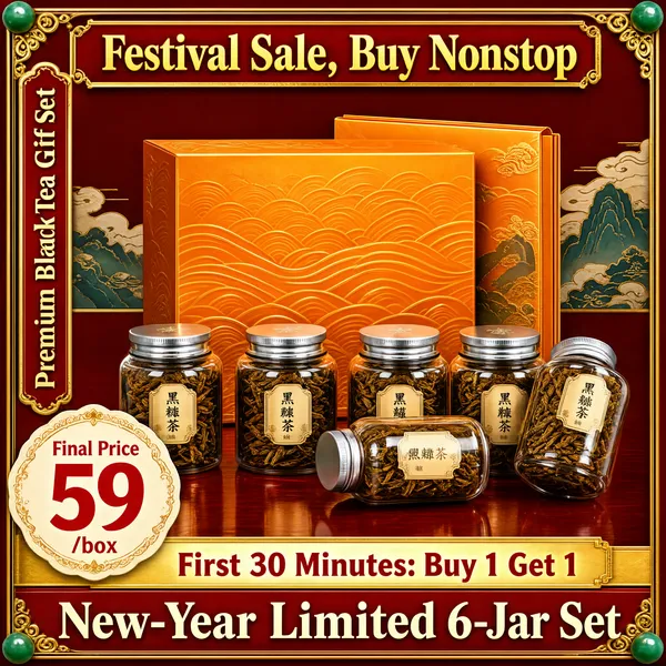 [Format]
Professional e-commerce product main image, square 1:1, festive new-year heritage gift style with an ornate golden frame.

[Colors]
Background is a deep festive red (#b3282d) edged by a delicate gold ornamental frame with small jade-green corner beads; the gift box is radiant orange-gold; the tea jars glow warm amber through glass; type is gold, cream and white; soft landscape motifs in muted teal and ivory decorate the backdrop. No plain border — the decoration itself frames the square.

[Layout]
A red banner with gold trim spans the very top; a slim vertical gold-bordered ribbon hangs down the left side; the large orange gift box stands centre on a red lacquer table with six glass tea jars clustered in front of it; a cream price seal overlaps the lower-left; a gold band and a red band stack to close the bottom edge.

[Subject]
No people. A large rectangular orange gift box with subtle wave-line embossing and a folded card sleeve leaning at its back, fronted by six round glass jars with silver screw lids filled with golden black-tea leaves, one jar tipped sideways and another leaning, arranged on a polished deep-red table surface.

[Headline]
Top red banner in ornate gold display type: "Festival Sale, Buy Nonstop". Left vertical ribbon in gold on red: "Premium Black Tea Gift Set". Lower-left cream seal: "Final Price" above a huge red "59" with a small "/box". Gold band in red caps: "First 30 Minutes: Buy 1 Get 1". Bottom red band in large cream type: "New-Year Limited 6-Jar Set".

[Mood]
Celebratory and treasure-like; warm gold-on-red festivity framing a premium tea gift set.