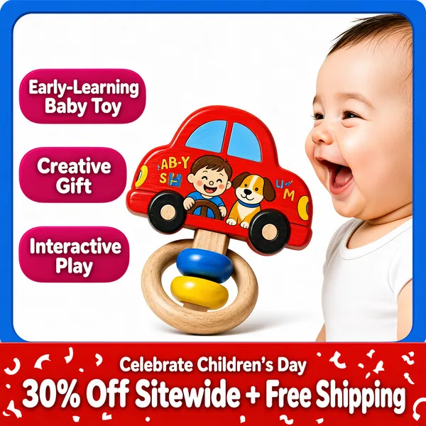 [Format]
Professional e-commerce product main image, square 1:1, joyful toy-box style with a white card inside a rounded blue frame, bright wooden toy rendering and a giggling baby hero.

[Colors]
A white centre panel framed by a rounded cornflower-blue border (#5b7fd4); a wooden toy in bright red with a natural beech ring; magenta pill chips (#c2255c); a red bottom band.

[Layout]
The wooden rattle leans centre-left at a tilt; a laughing baby photo occupies the right edge; three pink pill chips stack on the left; the red band caps the bottom with white confetti doodles.

[Subject]
A wooden baby rattle shaped like a red cartoon car with a driver-and-dog illustration and lettering on the side, mounted on a natural beech ring with blue and yellow sliding rings; at the right, a fair-skinned white / Caucasian baby with sparse dark hair laughs in profile, wearing a white bodysuit.

[Headline]
Pink pills in white text: "Early-Learning Baby Toy", "Creative Gift", "Interactive Play"; bottom red band: "Celebrate Children's Day" small, then "30% Off Sitewide + Free Shipping" in fat white type.

[Mood]
Joyful, toy-box bright and gift-directed; primary reds and blues with a giggling baby hero.