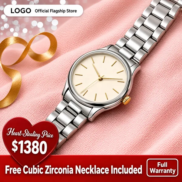 [Format]
Professional e-commerce product main image, square 1:1, romantic jewellery-ad macro style with a silver watch on blush pink and a gold heart price seal.

[Colors]
Background is a soft blush-pink fabric texture (#f2c9d4 range) with silvery bokeh sparkles at the upper left and a golden ribbon thread at the top; primary accents are polished silver and gold watch details; a deep-red heart seal and red banner at the bottom; no frame border.

[Layout]
A white pill store tag sits top left with a gold ribbon curling nearby; the watch runs diagonally from the upper right to the lower left, filling most of the frame; the bottom edge stacks a red heart-shaped price seal and a wide red banner.

[Subject]
A slim women's wristwatch in polished stainless steel with a link bracelet, a cream-white dial with thin gold baton indices, slim hands and a small gold crown, shot in macro with soft romantic lighting and gentle reflections along the case. No people.

[Headline]
Top-left pill: a "LOGO" placeholder beside "Official Flagship Store" in small dark caps. Red heart seal bottom left: "Heart-Stealing Price" in small white script over "$1380" in large white numerals. Red banner: "Free Cubic Zirconia Necklace Included" in bold white caps, with a small white-outlined tag reading "Full Warranty" at its right end.

[Badges]
No extra badges; the heart seal and the warranty tag serve as the trust furniture.

[Mood]
Romantic, giftable and elegant; blush pink and silver-gold macro beauty with a sweet red offer seal.
