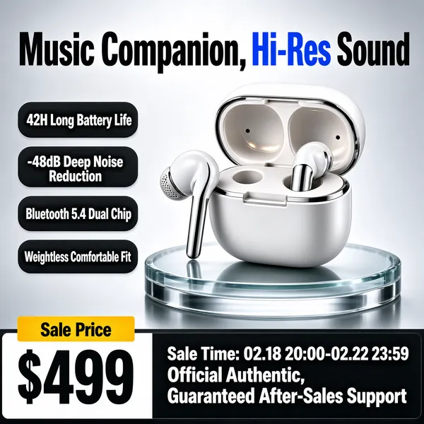 [Format]
Professional e-commerce product main image, square 1:1, premium silver-tech advertising style with a glassy pedestal and crisp studio glow.

[Colors]
A light silver-grey gradient background (#d7dbde range) with soft white light from above and a dark charcoal bottom band. Accents are pearl white, chrome silver and golden yellow. No frame border.

[Layout]
The open earbud case sits on a round glass podium centre-right with one earbud leaning against it. The headline runs across the top, four charcoal pills stack down the left, and a two-tier bottom band carries price and timing copy.

[Subject]
No people. A pair of glossy white in-ear wireless earbuds with short silver stems, one standing beside an open pearl-white charging case with a soft interior glow, both on a translucent glass pedestal with faint reflections.

[Headline]
Top: "Music Companion, Hi-Res Sound" in very heavy charcoal caps with "Hi-Res" in blue. Four dark pills with white text: "42H Long Battery Life", "-48dB Deep Noise Reduction", "Bluetooth 5.4 Dual Chip", "Weightless Comfortable Fit". Bottom: a golden-yellow tab with small dark text "Sale Price" over "$499" in enormous dark numerals; a charcoal band with small white caps "Sale Time: 02.18 20:00-02.22 23:59" above bold white "Official Authentic, Guaranteed After-Sales Support".

[Mood]
Refined, minimal and audiophile-grade; silver studio light with a warm gold price accent.