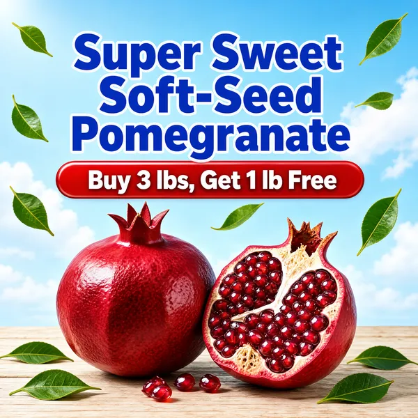 [Format]
Professional e-commerce product main image, square 1:1, juicy fresh-fruit style with a bright orchard-sky mood.

[Colors]
Light azure sky background (#bfe2f7) with soft white clouds and drifting green leaves; a deep glossy red pomegranate as the hero; a pale wooden table surface along the bottom; blue and red type accents. No frame border.

[Layout]
Headline centered at the top in blue; a red ribbon pill beneath it; a whole pomegranate and a cut-open half arranged on the wooden table at centre; scattered leaves add motion.

[Subject]
No people. One plump whole red pomegranate with a crowned calyx beside a broken-open section exposing dense ruby seeds glistening with juice, resting on a light wooden tabletop; fresh green pomegranate leaves flutter around and a few leaves fall through the air.

[Headline]
Large bold blue characters with a white outline: "Super Sweet Soft-Seed Pomegranate"; beneath, a red rounded ribbon with white text "Buy 3 lbs, Get 1 lb Free".

[Badges]
No additional badges; the ribbon carries the offer.

[Mood]
Fresh, sweet and abundantly juicy; cool sky-blue freshness making the ruby fruit pop, with simple farm-direct appeal.