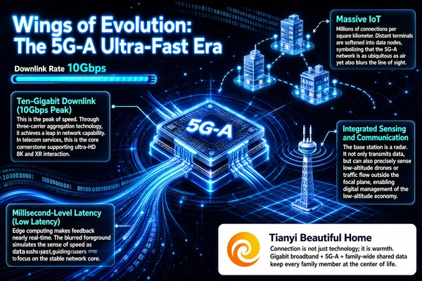 This infographic uses a deep blue technology-style background, with the theme "Wings of Evolution: The 5G-A Ultra-Fast Era," highlighting the four core capabilities of 5G-A networks and their applications in smart homes. The overall layout adopts a central radial structure, with a three-dimensional, glowing 5G-A chip module at the center, surrounded by data streams, fiber-optic connections, and abstract technological light effects, creating an atmosphere of a high-speed, intelligent, interconnected future network. Multiple semi-transparent rounded-rectangle text boxes are distributed on the left and right sides, each introducing a different technical feature, while the bottom-right corner holds the "Tianyi Beautiful Home" brand logo and slogan. The title "Wings of Evolution: The 5G-A Ultra-Fast Era" is located in the upper-left corner, in a relatively large font, rendered with a bright blue neon effect, and accompanied by sound-wave decorative patterns; below it is a horizontal strip in the style of a progress bar, labeled "Downlink Rate 10Gbps." The infographic mainly contains the following five parts: 1. **Ten-Gigabit Downlink (10Gbps Peak)** - Position: middle of the left side - Text content: > Ten-Gigabit Downlink (10Gbps Peak) > This is the peak of speed. Through three-carrier aggregation technology, it achieves a leap in network capability. In telecom services, this is the core cornerstone supporting ultra-HD 8K and XR interaction. - Visual elements: this text box points to the central 5G-A chip via a thin line, emphasizing its status as the core of speed. 2. **Millisecond-Level Latency (Low Latency)** - Position: lower-left corner - Text content: > Millisecond-Level Latency (Low Latency) > Edge computing makes feedback nearly real-time. The blurred foreground simulates the sense of speed as data rushes past, guiding users to focus on the stable network core. - Visual elements: binary code streams and wave-shaped data curves are visible in the background, symbolizing high-speed data transmission and low-latency response. 3. **Massive IoT** - Position: upper-right corner - Text content: > Massive IoT > Millions of connections per square kilometer. Distant terminals are softened into data nodes, symbolizing that the 5G-A network is as ubiquitous as air yet also blurs the line of sight. - Visual elements: the text box points via dashed arrows to three floating transparent building models (representing city or home scenarios) in the upper right, which are surrounded by blue halos and data points, embodying massive device connectivity. 4. **Integrated Sensing and Communication** - Position: middle of the right side - Text content: > Integrated Sensing and Communication > The base station is a radar. It not only transmits data, but can also precisely sense low-altitude drones or traffic flow outside the focal plane, enabling digital management of the low-altitude economy. - Visual elements: the text box points via dashed arrows to a base-station tower model, whose top emits concentric ripples, symbolizing radar detection; below the base station is a gridded ground projection, indicating the sensing range. 5. **Tianyi Beautiful Home** - Position: lower-right corner - Visual elements: includes the "Tianyi Beautiful Home" brand logo (an orange-yellow spiral graphic plus text), as well as a rectangular text box with a white background. - Text content: > Tianyi Beautiful Home > Connection is not just technology; it is warmth. Gigabit broadband + 5G-A + family-wide shared data keep every family member at the center of life. In addition, the image contains a large number of dynamic visual elements: - The central 5G-A chip module is composed of multiple layers of circuit boards, with the words "5G-A" marked on top, connected to several optical fibers on all sides, and emitting blue light. - The background is filled with flowing binary digit strings (such as "01001101..."), data waveforms, light spots, and ring-shaped orbits, reinforcing the sense of technology and the imagery of data transmission. - The overall color scheme is dominated by deep blue, supplemented by bright blue, white highlights, and a small amount of orange-yellow accents, forming a warm-cold contrast and highlighting the brand colors. Through a combination of graphics and text in a logically clear structure, this infographic systematically presents the performance advantages and application scenarios of 5G-A technology, especially emphasizing its value in smart home services and conveying the brand philosophy that "technology is warmth."