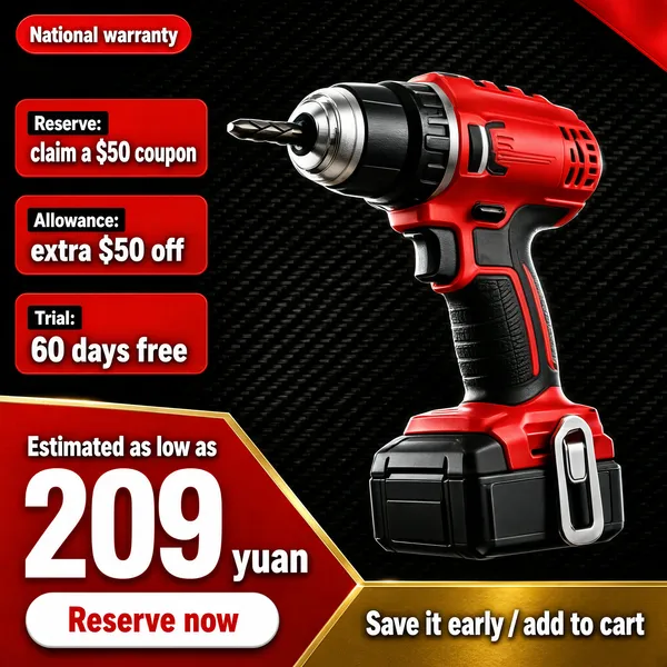 [Format]
Professional e-commerce product main image, square 1:1, rugged power-tool advertising style with a dark industrial palette.

[Colors]
A near-black carbon-fibre textured background; the red-and-black cordless drill blazes at centre-right; red tag blocks, a red corner ribbon and a red-gold price wedge supply urgency; white type throughout. No frame border.

[Layout]
A red pill "National warranty" at the top-left. Three red tag rows stack down the left, each with a small white label and a benefit line. The drill floats large on the right, angled with its chuck pointing up-left. The bottom quarter is a red-gold wedge: a huge price on the left over a white reserve button, and a gold reminder line to the right.

[Subject]
A compact red and black cordless brushless drill with a black rubber grip, a silver keyless chuck holding a dark driver bit, a battery pack at the base and a small belt clip, floating dynamically against the dark carbon texture with crisp edge light.

[Headline]
Red pill: "National warranty" in white. Three rows: "Reserve: claim a $50 coupon", "Allowance: extra $50 off", "Trial: 60 days free" in white with small dark chips. Bottom-left wedge: "Estimated as low as 209 yuan" with "209" enormous in white, above a white pill "Reserve now" in red. Gold line right: "Save it early / add to cart" in white.

[Badges]
Red "National warranty" corner pill; no other badges.

[Mood]
Tough, high-torque and promo-charged; black carbon grit with red hardware heat, pro-tool urgency at thumbnail size.