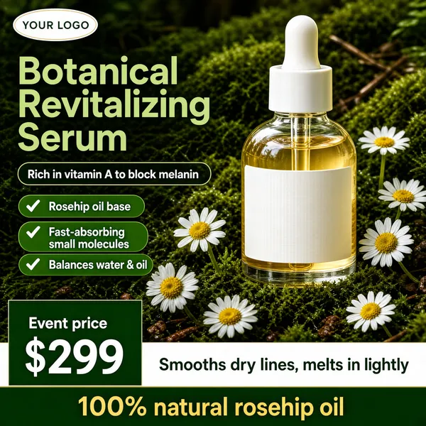 [Format]
Professional e-commerce product main image, square 1:1, lush botanical skincare style set on a real mossy forest floor with wild daisies.

[Colors]
Background deep moss green (#3f6b34 range) from a close-up forest-floor photograph, clear glass with golden-oil accents, dark-green, white and gold type; No frame border.

[Layout]
A small oval chip with "YOUR LOGO" top-left; the headline block on the left; a thin-outlined pill beneath it; three green check rows; the dropper bottle right of centre nestled in moss; a green price panel and a two-line claim bar along the bottom.

[Subject]
No people. A rounded clear glass dropper bottle filled with pale golden serum, white rubber dropper cap and minimal labelling, standing upright in damp green moss with white daisies scattered around the base.

[Headline]
Dark-green bold characters: "Botanical Revitalizing Serum". Thin-outlined green pill: "Rich in vitamin A to block melanin". Three solid green check pills, white text: "Rosehip oil base", "Fast-absorbing small molecules", "Balances water & oil". White bar, dark text: "Smooths dry lines, melts in lightly". Green footer with gold numerals: "100% natural rosehip oil".

[Badges]
Bottom-left green panel: "Event price" small, "$299" huge white.

[Mood]
Fresh, organic and spa-like; deep forest greens with a golden oil glow and nature-certified skincare energy.