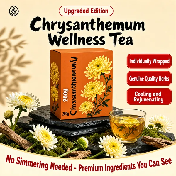 [Format] Professional e-commerce product main image, square 1:1, traditional herbal-tea still life with natural textures. [Colors] Background of warm oat-beige (#e8d9bd) with soft shadow play, primary accents of terracotta-orange packaging (#e08a3c) with hand-painted chrysanthemums, charcoal slate stones, green moss and fresh white-and-yellow blooms, red claim tags and a cream banner. No frame border. [Layout] Small logo chip top left; a red outline pill and large dark title sit top center; the tea box stands center on stacked slate slabs with moss and dried wood around; three red claim tags stack down the right side; a curved cream banner with red text runs across the bottom. [Subject] A kraft-orange tea box printed with yellow chrysanthemum brush art and vertical title lettering, noting 200g net weight, staged on wet black slate with fresh chrysanthemum sprigs and a small glass of golden tea. [Headline] Red pill says 'Upgraded Edition'; main title 'Chrysanthemum Wellness Tea' in bold brush-flavored type; red tags read 'Individually Wrapped', 'Genuine Quality Herbs', 'Cooling and Rejuvenating'; cream banner states 'No Simmering Needed - Premium Ingredients You Can See'. [Mood] Warm, herbal and unhurried, evoking a quiet afternoon tea ritual.