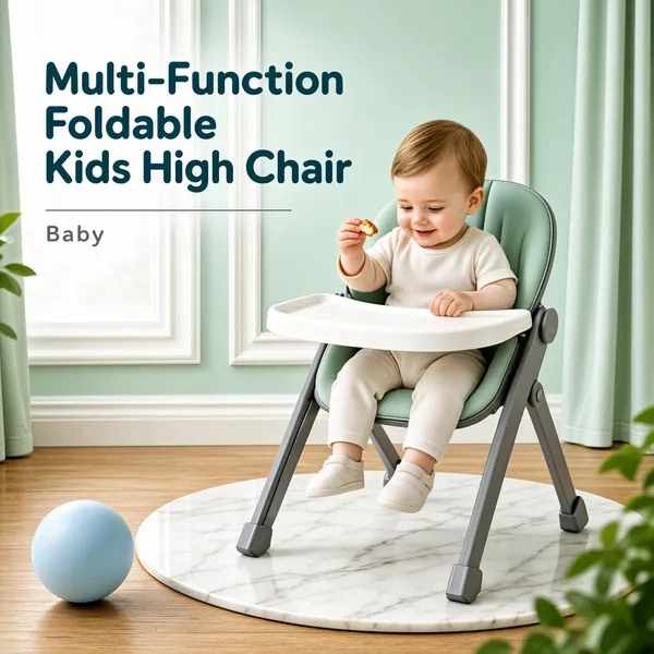 [Format]
Professional e-commerce product main image, square 1:1, soft nursery-lifestyle style with a mint-and-wood interior scene.

[Colors]
A gentle mint-green and warm wood palette (#cfe6dd range with #d9b98c wood floor); accents in white frame mouldings, teal upholstery and one pale-blue ball. No frame border.

[Layout]
The upper-left carries the two-line headline with a thin divider and a small grey word beneath; the high chair with the toddler fills the centre-right on a round white marble rug; a pale-blue ball rests at the lower left; soft curtains and blurred greenery frame the edges, with a leafy blur brushing the bottom-right corner.

[Subject]
A white / Caucasian toddler with fine light-brown hair sits in a modern mint-padded folding high chair with a white tray and grey A-frame legs, holding a small snack piece in one fair-skinned hand and looking down at it with a happy expression; soft daylight fills the room.

[Headline]
"Multi-Function Foldable Kids High Chair" in soft dark-teal rounded type on two lines; a short grey line beneath reads "Baby" in small letterspaced lowercase caps.

[Mood]
Calm, safe and homey; pastel nursery serenity that puts the child at ease.