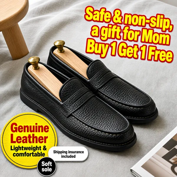 [Format]
Professional e-commerce product main image, square 1:1, warm lifestyle promotional style with bold yellow-and-red type over a soft grey fabric set.

[Colors]
Light grey linen backdrop (#c9c4bd range) with a pale wooden stool and a printed magazine at the edges; the shoes supply deep black; the headline in bright yellow with a red outline; badges in yellow, red and black.

[Layout]
Upper right: two stacked lines of tilted headline type. Lower left: a round yellow seal with small pill labels around it. The pair of shoes runs diagonally across the middle of the frame, toe toward the lower right, occupying most of the width.

[Subject]
A pair of black leather slip-on loafers with soft pebbled grain and flexible stitched flexible soles, each holding a light wooden shoe tree with a brass knob, propped at a casual angle on the grey upholstered surface, natural daylight, sharp macro focus on the leather texture. No people.

[Headline]
Top right, tilted a few degrees: "Safe & non-slip, a gift for Mom" in heavy yellow letters with a red outline, then "Buy 1 Get 1 Free" in the same treatment beneath. Lower left: a round yellow seal with "Genuine Leather" in very heavy red caps, "Lightweight & comfortable" in smaller black caps beneath, a small white pill reading "Shipping insurance included" and a tiny black circle reading "Soft sole".

[Badges]
The yellow leather seal and the two small pills.

[Mood]
Warm, practical and gift-oriented; cozy neutral styling with loud red-yellow bargain type.