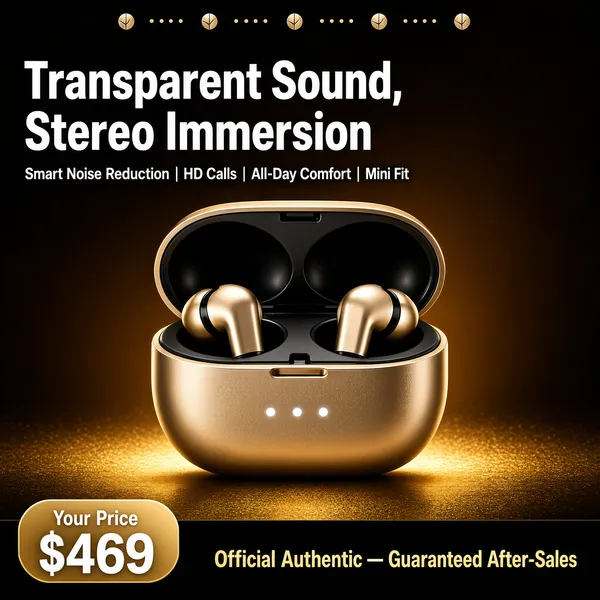[Format]
Professional e-commerce product main image, square 1:1, luxurious gold-black audio style.

[Colors]
Background a dark bronze-gold radial (#3a2a10) with a golden floor glow at the base; accents a champagne-gold case with a black interior, white headline type and gold numerals; a dark footer band. No frame border.

[Layout]
A small logo row at the top; the headline at the upper left with a slim sub-feature line beneath; the open charging case sits centre with the buds nested; a gold price pill anchors the bottom left; a dark band runs along the bottom right.

[Subject]
No people. Champagne-gold wireless earbuds resting in an open metallic pebble case with a soft black interior and three tiny white status dots on the front, glowing with warm reflections on the dark golden stage.

[Headline]
"Transparent Sound, Stereo Immersion" in huge white bold; a small white line "Smart Noise Reduction | HD Calls | All-Day Comfort | Mini Fit"; the bottom-left gold pill shows small "Your Price" over "$469" in large white numerals; the bottom band reads gold "Official Authentic — Guaranteed After-Sales".

[Badges]
A tiny logo chip row at the top edge.

[Mood]
Rich, hushed and premium; black-gold glow with champagne metallics and restrained type.