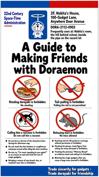 Below is a description that keeps the original layout largely unchanged while swapping the theme to "a guide to how to become good friends with Doraemon", in a livelier, more playful style:
This image is a friendship-tips poster issued by the "22nd Century Space-Time Administration". The poster is white-based overall, with classic alternating "Doraemon Blue" and "Bell Red" decorative blocks at top and bottom, its clean, rule-following layout full of childlike charm.
In the top area's upper-left corner are the blue-and-red "22nd Century Space-Time Administration" words. In the middle-right area is the target person's basic info: on the left an instruction icon in white-on-blue (a bamboo-copter symbol above, a round-headed, round-brained robot-cat silhouette below), and on the right large bold black lettering "2F, Nobita's House, 100-Gadget Lane, Anywhere Door Avenue", with the ID number "DORA-2112-0903" below it and, at the very bottom, the note "Frequently seen at: Nobita's room, the hill behind school, beside the pipe on the vacant lot".
Front and center on the poster is the eye-catching big black main title: "A Guide to Making Friends with Doraemon".
Below the title, a two-row, two-column grid shows four icons marked with red prohibition symbols (circle plus slash), each captioned bilingually in Chinese and English:
Upper-left icon: inside the sign, a hand trying to snatch dorayaki piled high on a plate; the text below reads "Stealing dorayaki is forbidden" and "No stealing".
Upper-right icon: inside the sign, two hands trying to yank a short tail with a red ball on it; the text below reads "Tail-pulling is forbidden" and "Pulling the tail is not permitted".
Lower-left icon: inside the sign, a speech bubble picturing a raccoon dog, crossed out by a big red X; the text below reads "Calling him a raccoon is forbidden" and "Do not call him a raccoon".
Lower-right icon: inside the sign, a gray long-tailed mouse approaching; the text below reads "Releasing mice is forbidden" and "No mice allowed".
The poster's lower half is a two-column list using black diamond bullets (◆) spelling out detailed, text-version friendship precautions:
Left column:
◆ Do not force a borrow of the Anywhere Door during his afternoon nap;
◆ Do not mash the time buttons or roughhouse and jump around while riding the time machine;
◆ Do not cry "I'm never speaking to you again!" as an excuse to wail and trick him out of magic gadgets;
◆ Bringing a mouse of any breed, size, or material near him is forbidden;
Right column:
◆ Reaching into his 4D pocket to rummage without permission is forbidden;
◆ Mocking his plump, round figure from eating too many dorayaki is forbidden;
◆ Treating the precious "Memory Bread" as ordinary toast and eating it is forbidden;
◆ Blaming the magic gadgets after you cause a huge mess yourself is forbidden.
In the bottom-right corner of the "Doraemon Blue" block at the very bottom of the poster is a white playful slogan: "Trade sincerity for gadgets · Trade dorayaki for friendship".