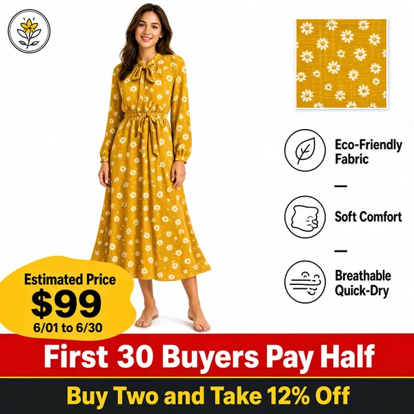 Mustard Daisy Midi Dress Eco-Friendly Summer Style