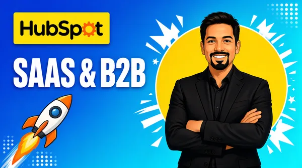 [Format]
Landscape 16:9 gig cover, flat illustration with bold corporate colors. Smooth gradients, vector finish, no watermark, no personal names.

[Layout]
The background is a horizontal blue-to-cyan gradient. The left side holds the HubSpot wordmark in a yellow rectangle, the "SAAS & B2B" headline below it, and a cartoon rocket in the lower-left. The right side features a man standing in front of a large yellow circle with white speed and explosion shapes. Small dotted corner accents appear in the top-right and bottom-left.

[Subject]
A generic man with short dark hair and a goatee, wearing a black suit jacket over a dark shirt. Waist-up, arms crossed, smiling toward the camera, positioned on the right third of the frame. He is lit evenly with soft studio light and overlaps the yellow circle behind him.

[Headline]
Top-left: the HubSpot wordmark in dark text inside a bright yellow rectangular badge. Below it, large bold white sans-serif capitals read "SAAS & B2B". The ampersand is slightly smaller than the surrounding letters.

[Badges]
The HubSpot logo: dark lowercase wordmark with an orange sprocket icon replacing the "o", set on a yellow rectangular plate at the top-left. No other seals or icons.

[Mood]
Bright blue, cyan, yellow, and orange with white accents. Upbeat, SaaS-friendly, and energetic; the rocket and circular backdrop make the thumbnail feel dynamic.