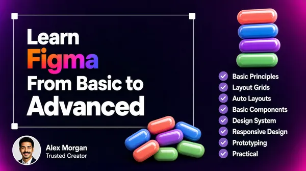 [Format]
Landscape 16:9 gig cover, dark UI-design presentation with 3D-rendered props. Deep gradient background, soft studio vignette, glossy clay-rendered shapes. No watermark, no personal names.

[Layout]
A dark violet-to-magenta gradient fills the frame, blurred at the edges like a defocused mockup scene. A thin rectangular selection frame with four small white square corner handles is drawn around the headline block on the left two-thirds. A single column of eight checklist rows runs down the right third, each row a small circular check mark plus a label. A cluster of glossy 3D capsules is stacked in the upper right, above the checklist, and a smaller capsule cluster sits bottom-centre-left. An author chip with a circular avatar sits at the bottom-left corner.

[Subject]
One small inset only: a circular photographic avatar about a tenth of the frame wide showing a young man in a dark suit and light shirt, short dark hair and a neat moustache, smiling at camera in even light. Beside the avatar sit two short lines of white text, a placeholder display name and, below it in small grey, a two-word trust phrase. There is no large human cut-out on this cover.

[Headline]
Inside the selection frame, four stacked left-aligned lines in a clean geometric sans. Line one, Learn, in white. Line two begins with Figma rendered in a saturated orange-to-magenta-to-violet-to-blue gradient and continues in white. Line three, From Basic to, in white. Line four, Advanced, in white extra-bold and the largest word of the block. The block occupies roughly half the frame width and sits vertically centred on the left.

[Badges]
Upper-right: a tall stack of five rounded 3D capsules in coral, blue, purple and green, glossy and softly lit, and a second smaller cluster of the same capsules tumbling at the bottom-centre-left. Right column: eight identical small circular check badges in muted violet, each followed by a white label reading Basic Principles, Layout Grids, Auto Layouts, Basic Components, Design System, Responsive Design, Prototyping, Practical.

[Mood]
Deep violet and wine-purple with a hot multicolour gradient and pastel 3D props. Sleek and design-tool-like, with the glowing gradient word and the neat checklist column surviving best at thumbnail size.