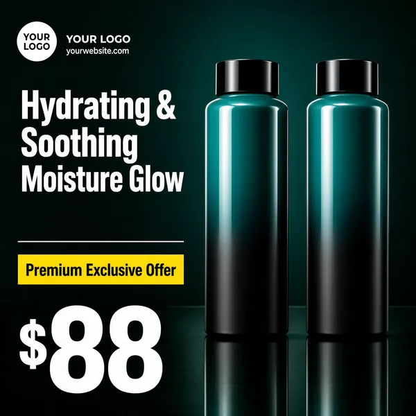 [Format]
Professional e-commerce product main image, square 1:1, sleek masculine-grooming style with a moody dark-teal gradient and mirrored podium finish.

[Colors]
Background is a vertical gradient from deep teal in the #1d5a58 range at the top to near-black green at the bottom, with a darker floor zone. Accents are matte-to-gloss teal on the bottles, black caps, white headline text and a single yellow tag. No frame border.

[Layout]
A white circular logo chip and "YOUR LOGO" with a small web address sit at the top left. The left column carries the two-line benefit headline, a thin divider, the yellow tag and a colossal white price figure. The two bottles dominate the right half, standing side by side with their mirror reflections running into the dark floor.

[Subject]
Two identical tall cylindrical spray bottles with a smooth gradient finish flowing from glossy teal at the top to matte black at the base, each with a tapered shoulder and a black disc cap; strong directional light draws a bright vertical highlight down each body, and both reflect cleanly on the polished dark surface. No people.

[Headline]
Left column, heavy white caps across two lines: "Hydrating & Soothing" then "Moisture Glow". A thin white rule beneath. A small yellow tag reads "Premium Exclusive Offer". Below it, "Final Price" implied by a gigantic white "$88" filling the lower-left corner, the currency mark small at its foot.

[Mood]
Cool, groomed and premium-dark; teal-black gradient with glossy bottle highlights, restrained copy and one towering price statement.