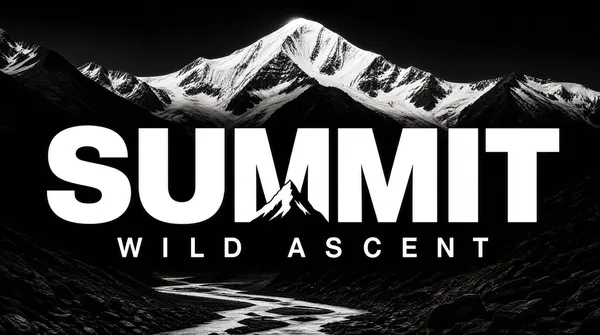 [Format]
Landscape 16:9 gig cover, one large knockout wordmark over a darkened full-bleed photograph. High-contrast monochrome cinematic finish. No watermark, no personal names.

[Layout]
A near-black-and-white mountain landscape fills the frame — a massive snow-capped massif in the upper half, a glacial river and rocky moraine in the lower third — all darkened to near-silhouette except the bright peak. The wordmark sits centred across the middle in enormous extended bold sans caps, white, spanning about 80 percent of the width; the counter of the middle letter is cut into a white mountain-peak silhouette. Directly beneath, a widely letter-spaced light caps sub-line of two words runs the same width. Nothing else in the frame.

[Subject]
None — landscape and typography only.

[Headline]
Placeholder wordmark: seven extended heavy sans caps in pure white (placeholder copy) with a mountain-peak negative space cut into one letter; beneath it a widely letter-spaced light caps sub-line of two generic words.

[Badges]
None.

[Mood]
Charcoal, slate and snow white; epic, expedition-grade, cinematic. The single white knockout line across the dark ridge reads perfectly at thumbnail size.