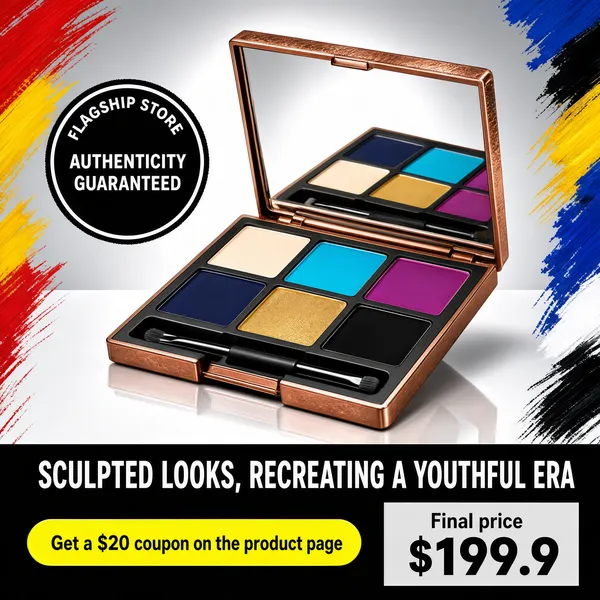 [Format]
Professional e-commerce product main image, square 1:1, dramatic studio cosmetics style framed by bold painted brush strokes. No watermark, no personal names.

[Colors]
Light grey studio gradient backdrop (#e8e8ea range) with a white central glow, framed on all four edges by expressive dry brush strokes in red, yellow, black, blue and white; coppery-bronze palette case; near-black band across the bottom. No frame border.

[Layout]
The palette sits centre stage on a reflective white surface, tilted three-quarter view with its lid standing open. A round black certification stamp overlaps the upper left. A full-width black strip near the bottom carries a white slogan; below it a coupon row with a yellow pill on the left and a grey price block on the right.

[Subject]
No people. An open rectangular eyeshadow palette with a textured bronze-copper case and black base, the lid propped open revealing an inner mirror; six large colour pans in cream, deep navy, vivid cyan, purple-magenta, gold and black, with a slim double-ended applicator resting in the moulded well.

[Headline]
Top-left stamp: a black circular seal with white ring text reading "FLAGSHIP STORE" around "AUTHENTICITY GUARANTEED". Bottom black band: white caps slogan "SCULPTED LOOKS, RECREATING A YOUTHFUL ERA". Below: a yellow rounded pill with dark text "Get a $20 coupon on the product page" beside a grey block with small white text "Final price" and a huge dark "199.9" with a small "$" prefix.

[Mood]
Premium, editorial and high-contrast; painterly colour edges surrounding a clean jewellery-box product shot.