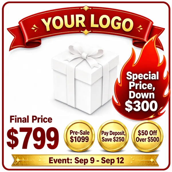 [Format]
Professional e-commerce product main image, square 1:1, crisp 99 shopping-festival template with a red frame, flame discount badge and gold coin offers.

[Colors]
White background (#ffffff) inside a thin crimson rounded frame (#d02a20); red curved ribbon banner and flame-shaped badge in gradient red (#e03a2a to #b01818); gold accents on coins and banner text (#e6b96a); dark red numerals; grey small print. Frame border in red.

[Layout]
A curved red ribbon banner arcs across the top; a faint gift box sits centered on the white stage; a large flame-shaped badge juts in from the right at mid-height; the bottom has a gold date strip, three gold coin chips in a row and a big price block at the lower left.

[Subject]
A white gift box with a soft ribbon bow as a faint placeholder centered on the white background.

[Headline]
Curved top ribbon: 'YOUR LOGO'; flame badge: 'Special Price, Down $300'; lower-left block: 'Final Price' above a bold red '$799'; gold strip: 'Event: Sep 9 - Sep 12'; three coin chips: 'Pre-Sale $1099', 'Pay Deposit, Save $250', '$50 Off Over $500'.

[Badges]
Flame price burst on the right; three gold coin chips; red ribbon logo banner.

[Mood]
High-energy festival urgency with layered, stackable savings.