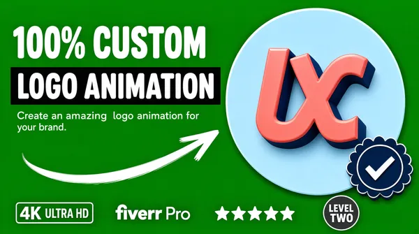 [Format] Landscape 16:9 gig cover, bold flat promo design with a 3D rendered monogram badge, modern marketplace style. Clean vector finish with soft drop shadows. No watermark, no personal names.

[Layout] A saturated kelly-green field fills the frame. The left 60% carries the text block: a two-line headline at the upper left, the first line set directly on the green and the second on a full-width dark charcoal slab, with a small light subline beneath. The right 40% is dominated by one very large pale-blue circle whose bottom edge nearly touches the footer band; inside it floats a 3D extruded letter monogram tilted slightly. A hand-drawn white swoosh arrow starts below the text block and curves up to the right, its head pointing at the circle. A dark-blue scalloped rosette seal sits on the circle's lower-right rim. A footer row spans the full frame width near the bottom with four small trust items evenly spaced across it.

[Subject] none — typographic only; the 3D monogram is a graphic object, not a person.

[Headline] Line one: '100% CUSTOM' in huge white rounded caps set directly on the green. Line two: 'LOGO ANIMATION' in equally large white caps set on the dark charcoal slab. Subline in small white light sans: 'Create an amazing logo animation for your brand.'

[Badges] Inside the circle: a 3D extruded two-letter monogram with coral-pink front faces and navy-blue sides, the private client initials. On the circle's lower rim: a dark blue scalloped seal with a white checkmark. Footer row, left to right: a white outlined '4K ULTRA HD' badge, the white 'fiverr Pro' wordmark, five solid white stars, and a dark gray circle reading 'LEVEL TWO' in white caps.

[Mood] Vivid kelly green with charcoal, white, coral and navy accents; upbeat, confident, marketplace-professional. The green field, giant white headline and pale-blue circle read instantly at thumbnail size.