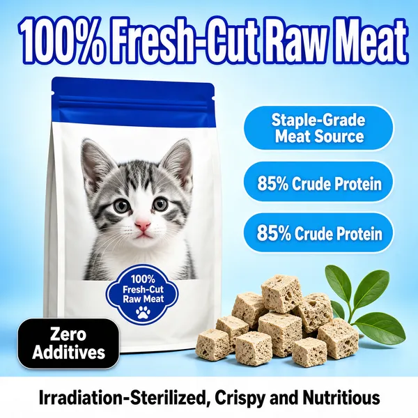 [Format] Professional e-commerce product main image, square 1:1, clean pet-nutrition promo with bright modern styling. [Colors] A soft blue gradient background (#bfe0f2 range); a white kraft pet-food bag with a blue band and kitten photo; sky-blue claim pills with white text; a black rounded chip at bottom-left; a white footer band with dark text; freeze-dried cubes and a small plant at right. No frame border. [Layout] The oversized headline spans the top in blue-outlined white type. The food bag stands center-left facing forward. Three blue claim pills stack at right. Freeze-dried meat cubes cluster at the lower right with a green plant sprig. A black chip overlaps the bag's base at left, and a white band runs along the bottom edge. [Subject] A tall white pet-food bag with a royal-blue header band, a photo of a gray-and-white kitten and a blue emblem at its foot, standing upright beside scattered beige freeze-dried cubes. [Headline] Huge blue type reads 100% Fresh-Cut Raw Meat. The footer band closes with Irradiation-Sterilized, Crispy and Nutritious. [Badges] Three sky-blue pills read Staple-Grade Meat Source, 85% Crude Protein and 85% Crude Protein. A black rounded chip states Zero Additives in white. [Mood] Bright, healthful and kitten-approved, clean modern nutrition with appetizing texture cues.